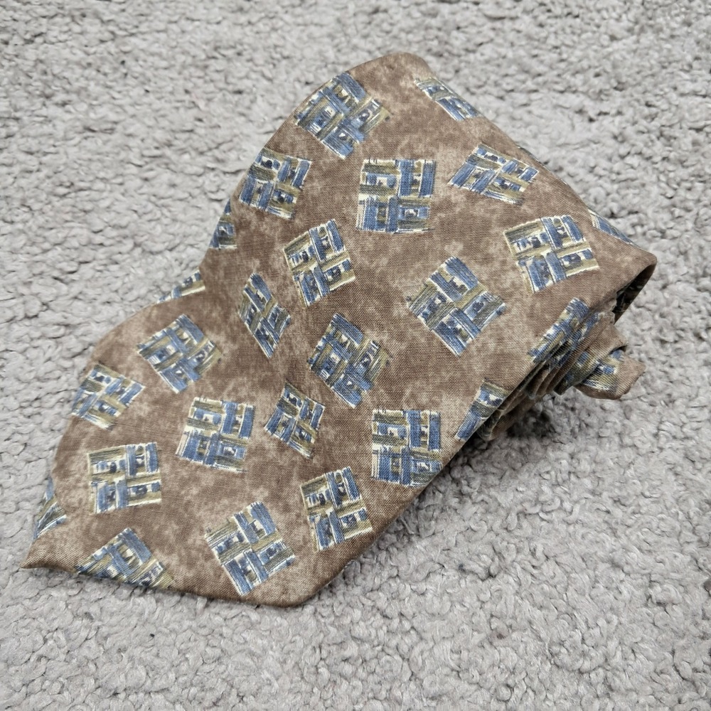 Claiborne Mens Brown Geometric 100% Italian Silk Necktie Made in USA